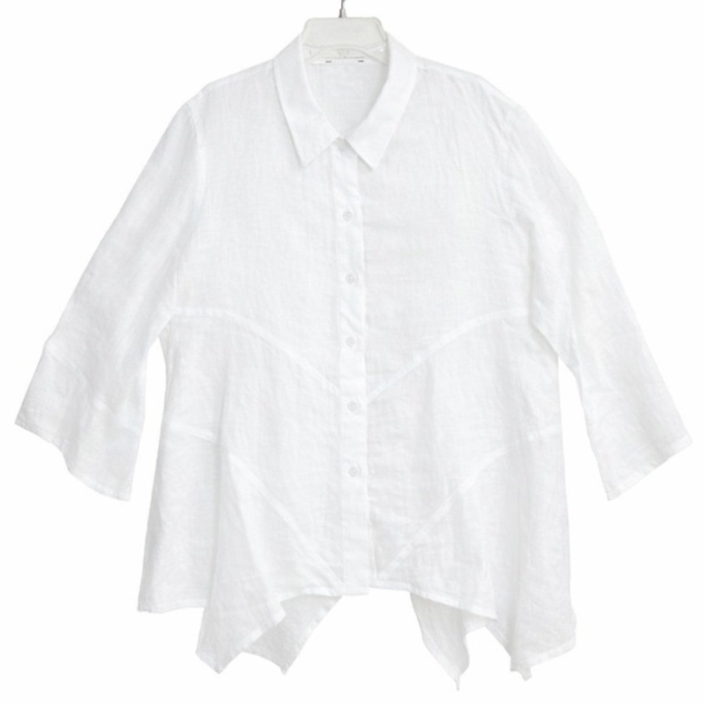 100% Linen Button Down Shirt Womens White Sharkbite Hem 3/4 Sleeve EUC - Picture 3 of 8